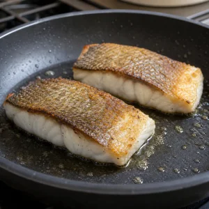 Filetti di barramundi girati che cuociono fino a diventare opachi e sfaldabili