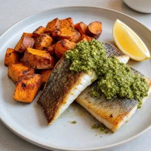 Barramundi scottato in padella servito con patate dolci arrosto e pesto di macadamia