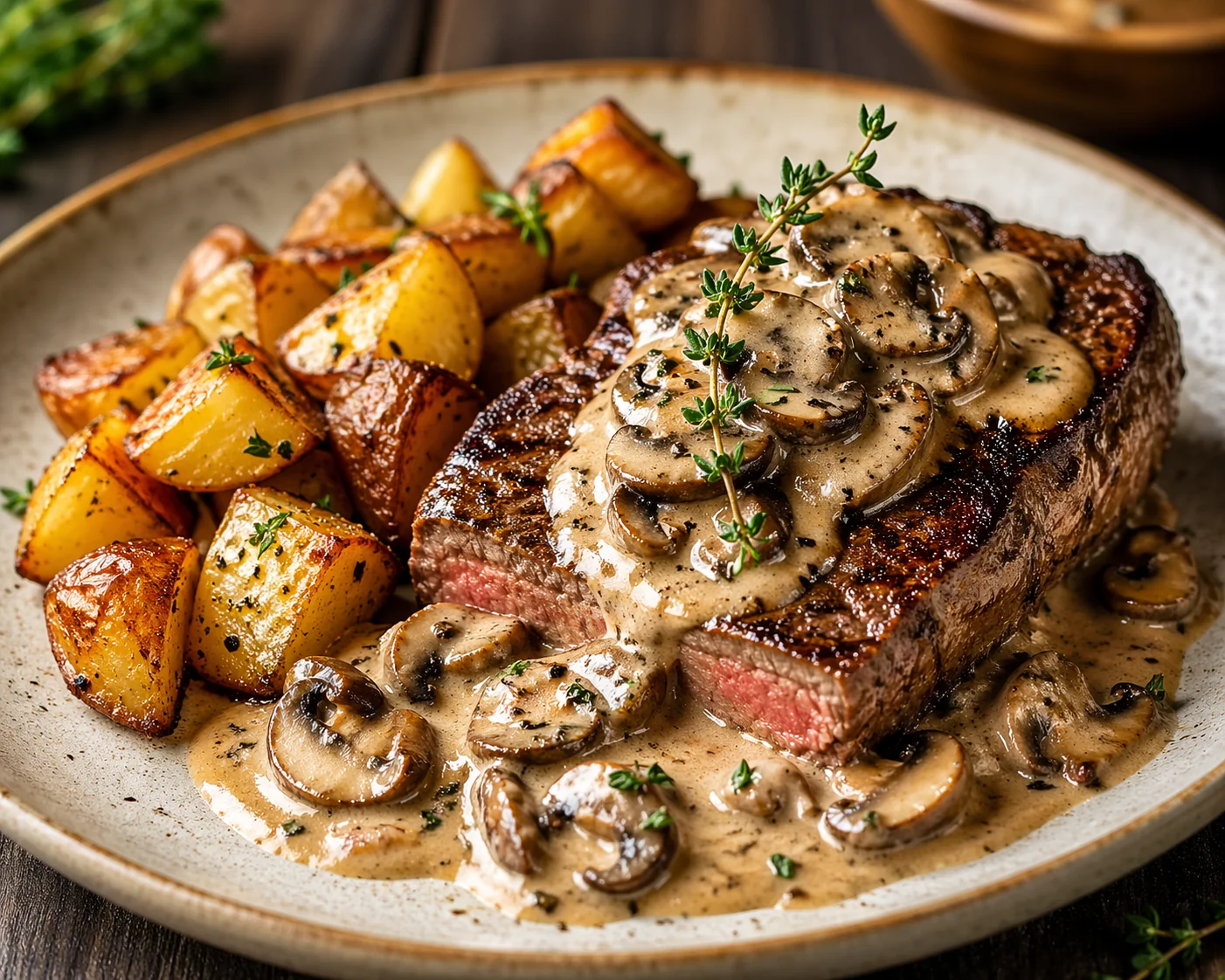 Bistecca di Manzo con Patate e Funghi in Salsa di Panna