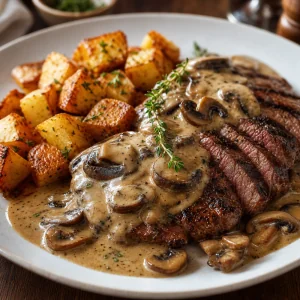 Bistecca scottata in padella servita con patate arrosto e salsa cremosa ai funghi