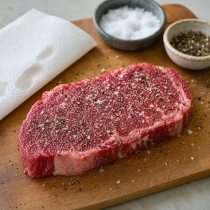 Bistecca di manzo cruda asciugata e condita con sale e pepe nero