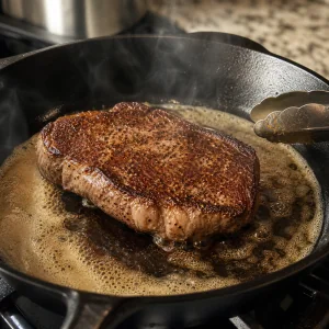 Bistecca condita rosolata nel burro nocciola in una padella calda