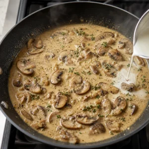 Funghi affettati che sobbollono in salsa cremosa con aglio e timo