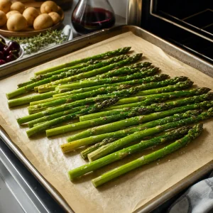 Asparagi stesi su una teglia con olio d oliva
