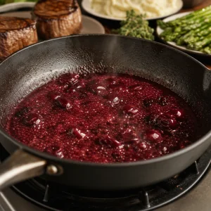 Salsa di ciliegie e vino rosso che sobbolle in padella