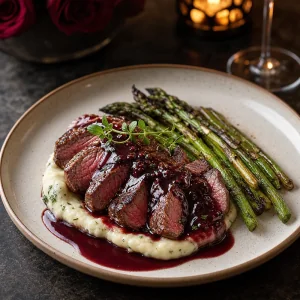 Filet mignon a fette con salsa di ciliegie e vino e asparagi