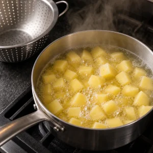 Cubetti di patate gialle che sobbollono in una casseruola