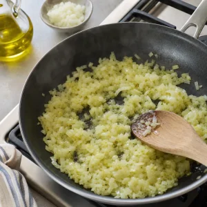 Cebolla picada salteada en aceite de oliva hasta quedar translucida