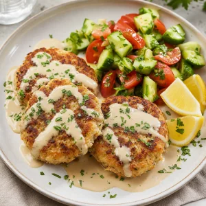 Tortitas doradas de gefilte fish con tahini de limon, perejil, ensalada y limon