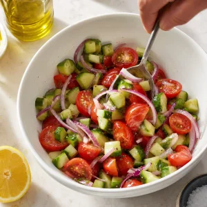 Ensalada israeli mezclada con tomates, pepino, cebolla roja, limon y aceite