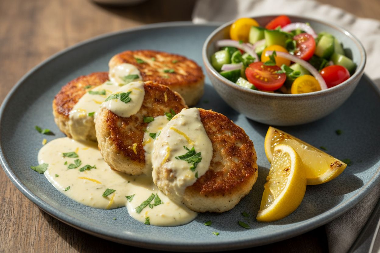 Chrupiące kotleciki gefilte fish z tahini cytrynowym