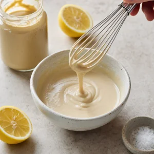 Tahini batido con jugo de limon y agua hasta obtener una salsa fluida
