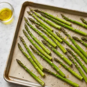 Asparagus tossed with olive oil, salt, and pepper on a baking sheet