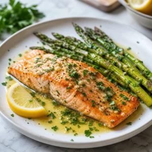 Finished lemon garlic butter salmon served with roasted asparagus and parsley
