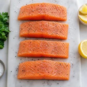 Raw salmon fillets seasoned with salt and black pepper
