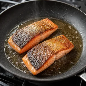 Salmon fillets searing in a hot skillet until golden