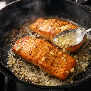 Seared salmon basted with melting garlic butter in a skillet