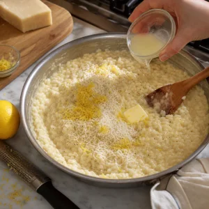 Creamy risotto finished with butter, Parmesan, lemon juice, and zest