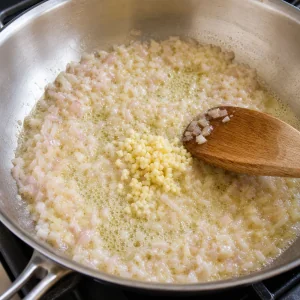 Minced shallot and garlic cooking gently in melted butter