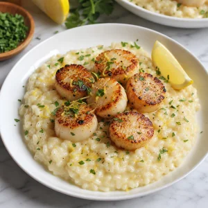 Seared scallops served over creamy lemon butter risotto with parsley