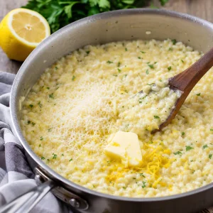 Creamy lemon risotto finished with butter Parmesan and lemon zest