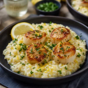 Golden pan-seared scallops served over creamy lemon risotto with parsley