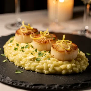 Golden pan-seared sea scallops served over a bed of creamy lemon risotto on a dark plate