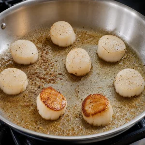 Sea scallops searing in a hot skillet with deep golden crusts