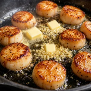 Flipped scallops with melting butter and minced garlic in the skillet