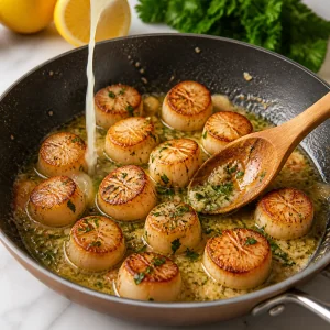 Lemon juice and fresh parsley stirred into scallop pan butter
