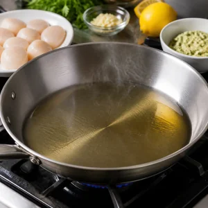 Olive oil shimmering in a hot skillet before adding scallops