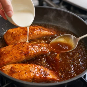 Maisstaerke-Slurry wird in blubbernde Teriyaki-Sauce gegeben, bis eine Glasur entsteht.