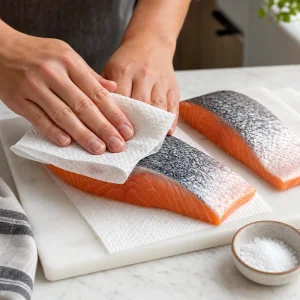 Lachsfilets mit Haut werden vor dem Wuerzen mit Kuechenpapier trockengetupft.