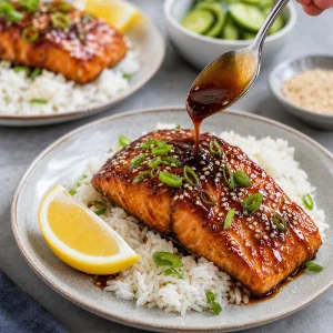 Angerichteter Teriyaki-Lachs auf Reis mit Glasur, Fruehlingszwiebeln, Sesam und Zitrone.