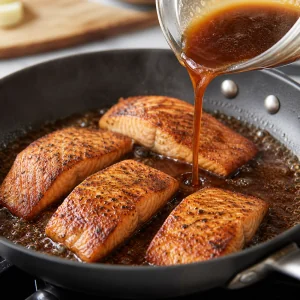 Honig-Ingwer-Teriyaki-Sauce wird um angebratene Lachsfilets in der Pfanne gegossen.