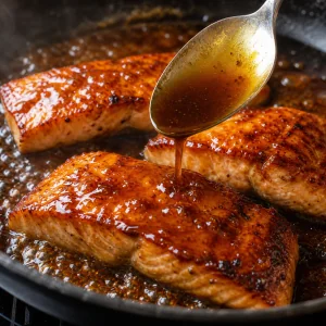 Glaenzende Honig-Ingwer-Teriyaki-Glasur wird mit einem Loeffel ueber den Lachs gegeben.