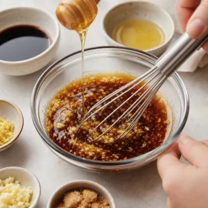 Sojasauce, Mirin, Honig, Ingwer, Knoblauch und Sesamoel werden zur Teriyaki-Sauce verquirlt.