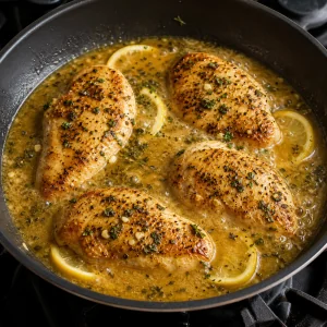Peitos de frango fervendo suavemente em caldo de alho e limão enquanto o molho reduz