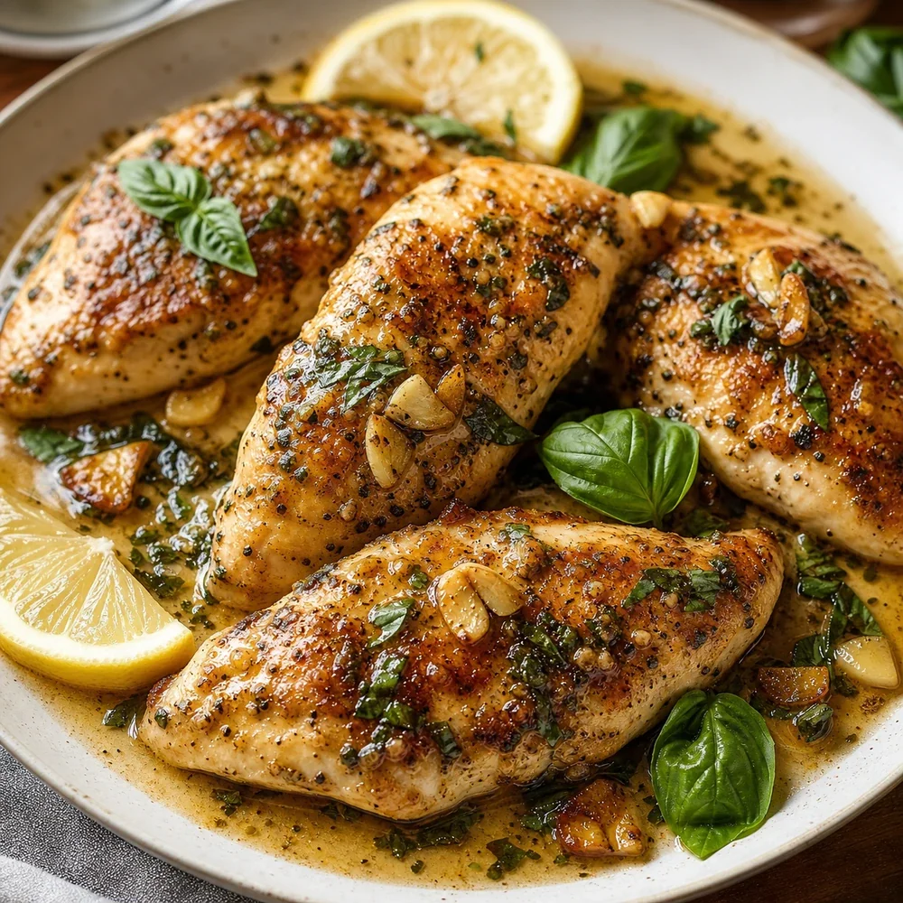 Frango toscano selado na frigideira com molho de alho e ervas, manjericão e gomos de limão