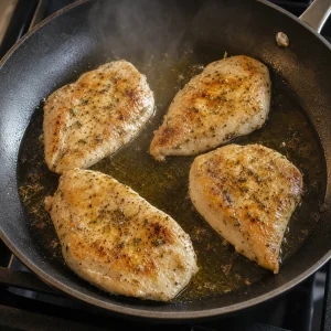Peitos de frango temperados selando em azeite quente até dourar o primeiro lado