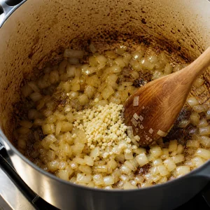 Cipolla tritata e aglio cuociono nella casseruola con il fondo dorato del manzo.