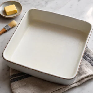Buttered rectangular baking dish ready for batter