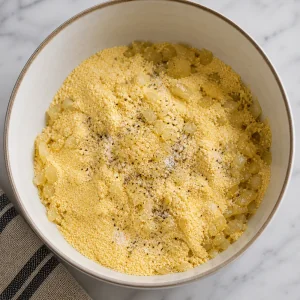 Cornmeal and seasonings stirred into the softened onions