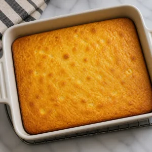 Fully baked golden Sopa Paraguaya casserole in the dish