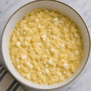 Thick cornmeal batter with crumbled white cheese folded in