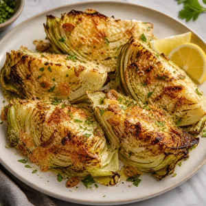 Finished Parmesan roasted cabbage wedges on a plate with lemon and parsley