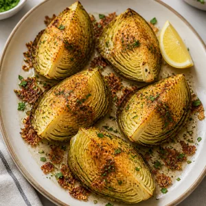 Запеченные дольки капусты с петрушкой, лимоном и хрустящими кусочками сыра