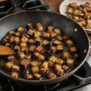 Eggplant cubes frying until golden in a skillet