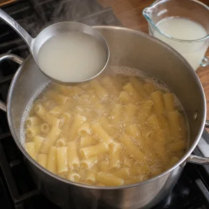 Rigatoni boiling while pasta water is reserved