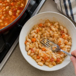 Cannellini beans and vegetables being mashed with a fork